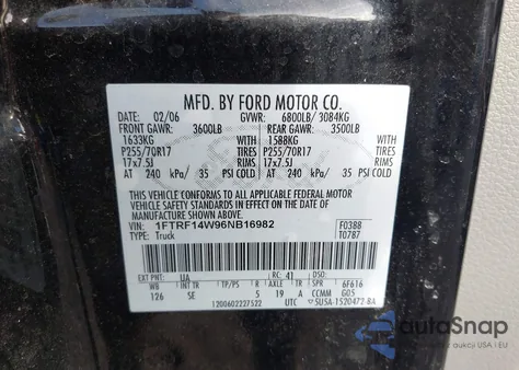 2006 Ford F-150 Stx/Xl/Xlt из США, поврежденный, VIN 1FTRF14W96NB16982